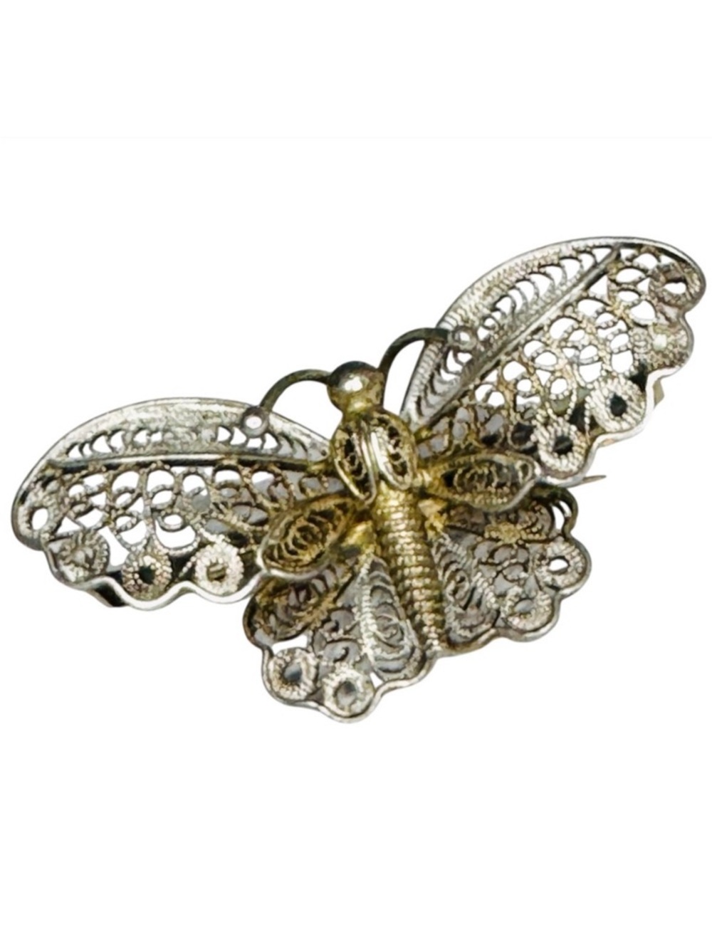 Antique Silver Vermeil Cannetille Butterfly Brooch